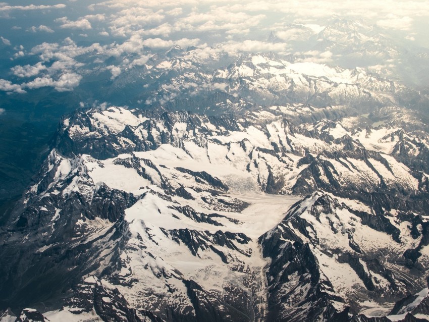 mountains aerial view snowy peaks clouds sky Isolated Graphic with Clear Background PNG