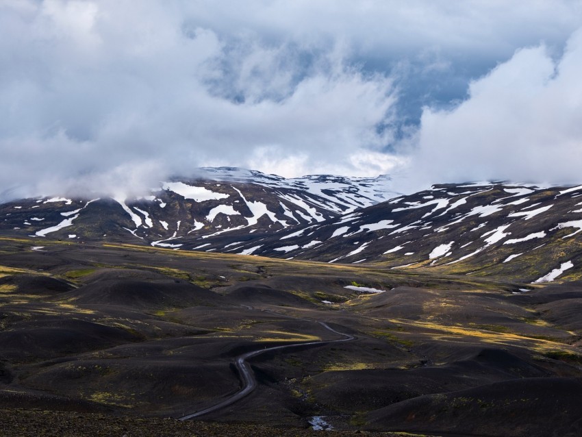 mountains clouds fog snow road iceland PNG file with no watermark 4k wallpaper