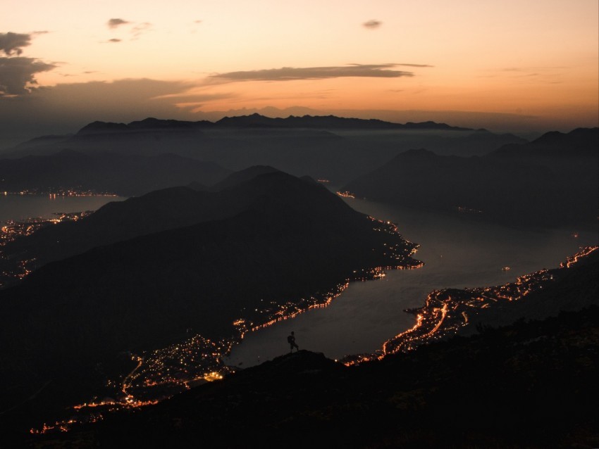 mountains coast aerial view city night lights Clear PNG 4k wallpaper