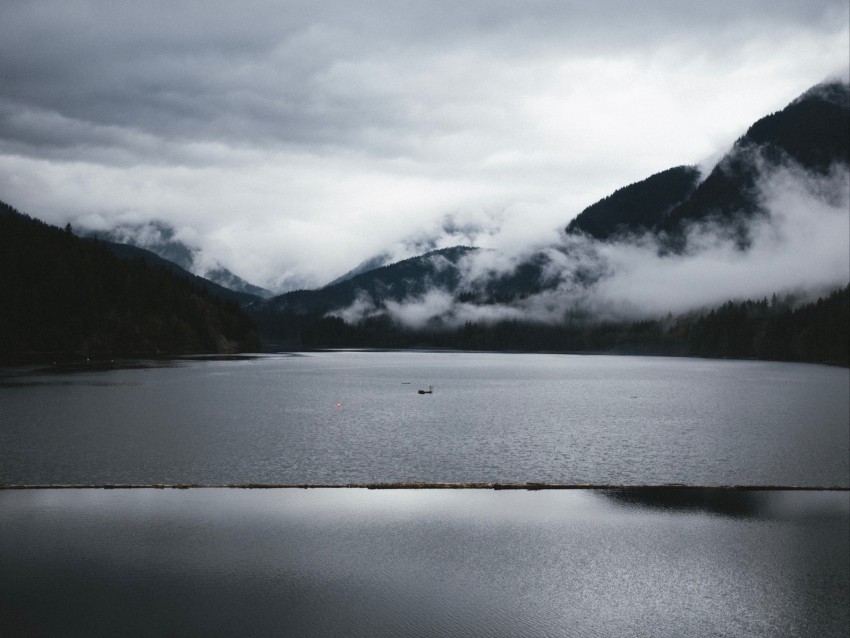 mountains fog lake water bw Transparent PNG image