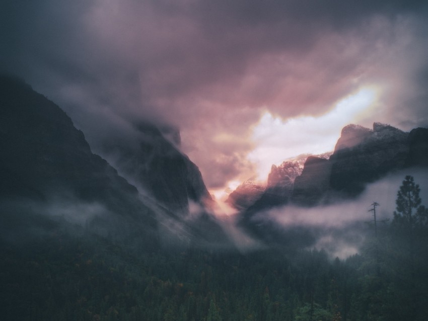 mountains fog trees sky clouds aerial view Clear PNG pictures assortment 4k wallpaper