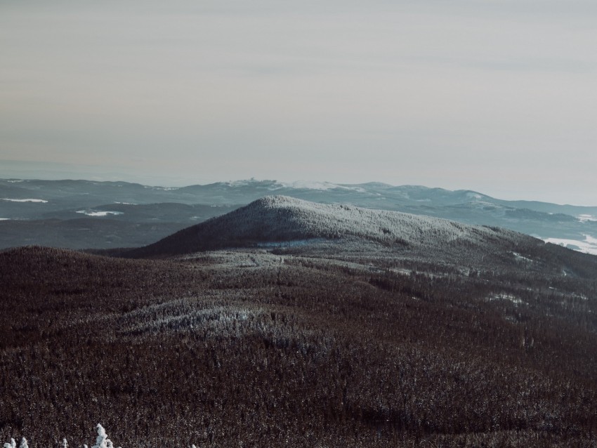 mountains fog trees snowy sky PNG Image with Transparent Cutout 4k wallpaper