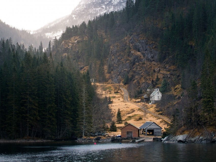 mountains forest houses lake Transparent PNG Isolated Graphic with Clarity