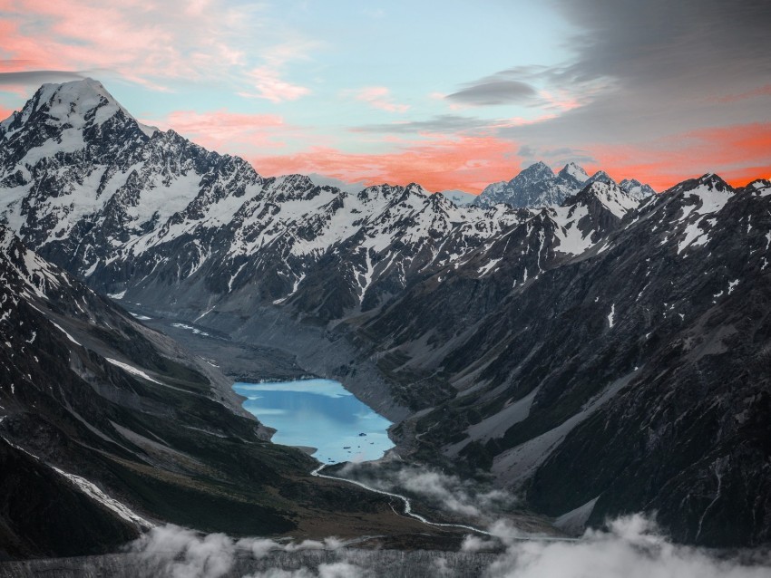 mountains lake aerial view snowy clouds landscape PNG Graphic Isolated on Transparent Background