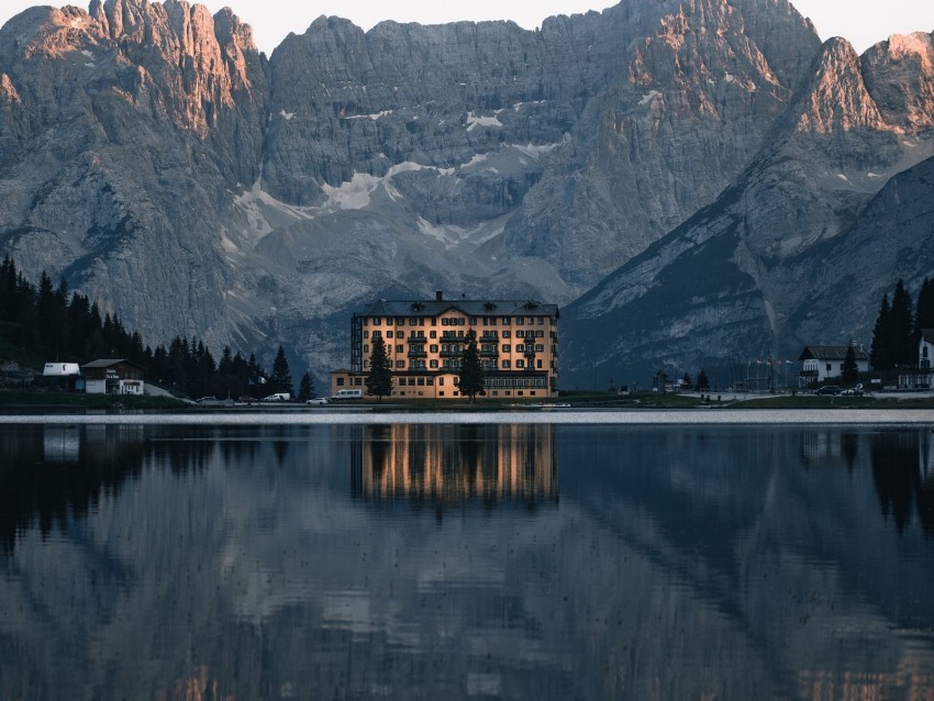 mountains lake building architecture reflection PNG file without watermark