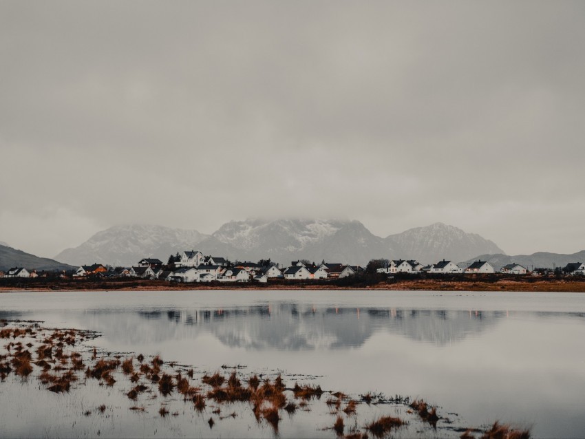 mountains lake houses fog coast land upland Isolated Illustration with Clear Background PNG 4k wallpaper