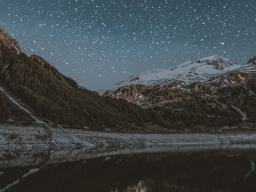 mountains lake starry sky snowy night Isolated Subject with Clear PNG Background 4k wallpaper