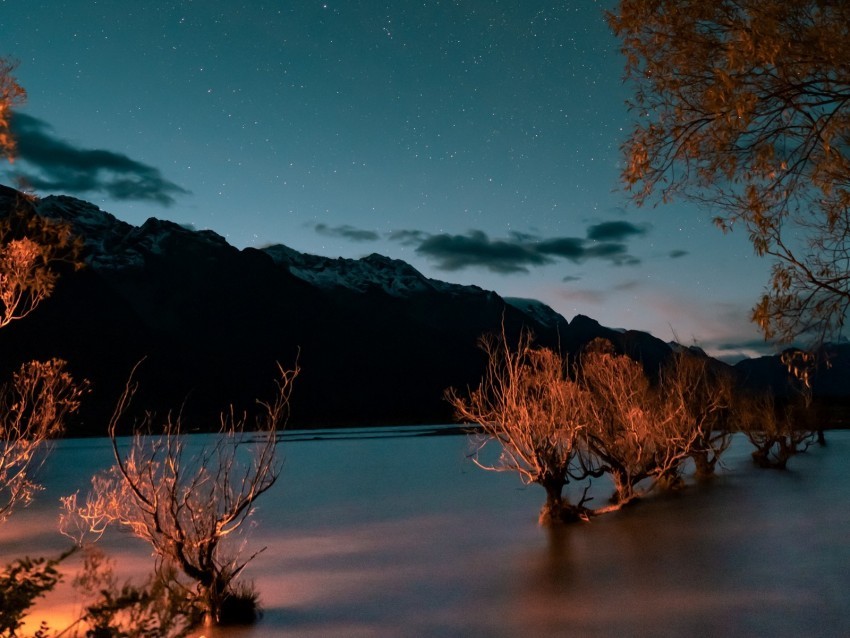 mountains lake trees twilight starry sky PNG files with clear backdrop assortment