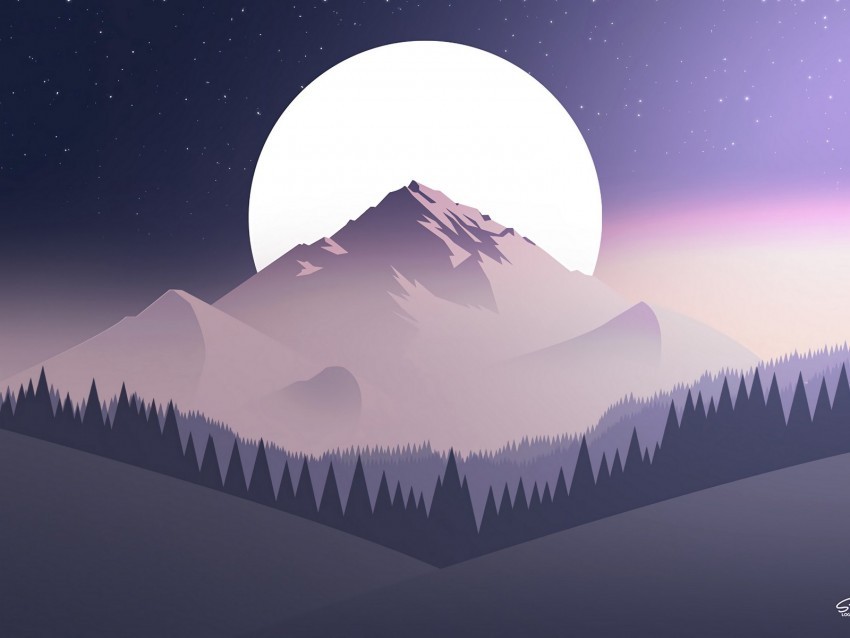 mountains moon forest night starry sky vector flat PNG transparent graphics for download 4k wallpaper