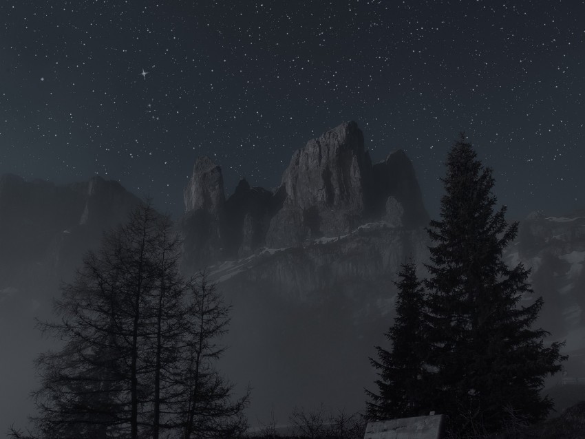 mountains night landscape bench trees starry sky fog PNG transparency images