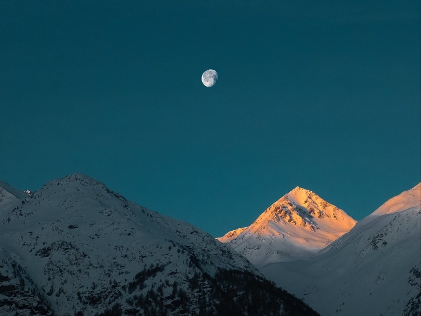 mountains peak moon snowy twilight PNG for educational projects 4k wallpaper