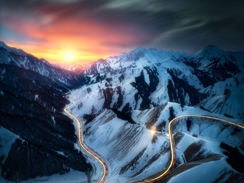 mountains road aerial view sunset landscape Transparent picture PNG