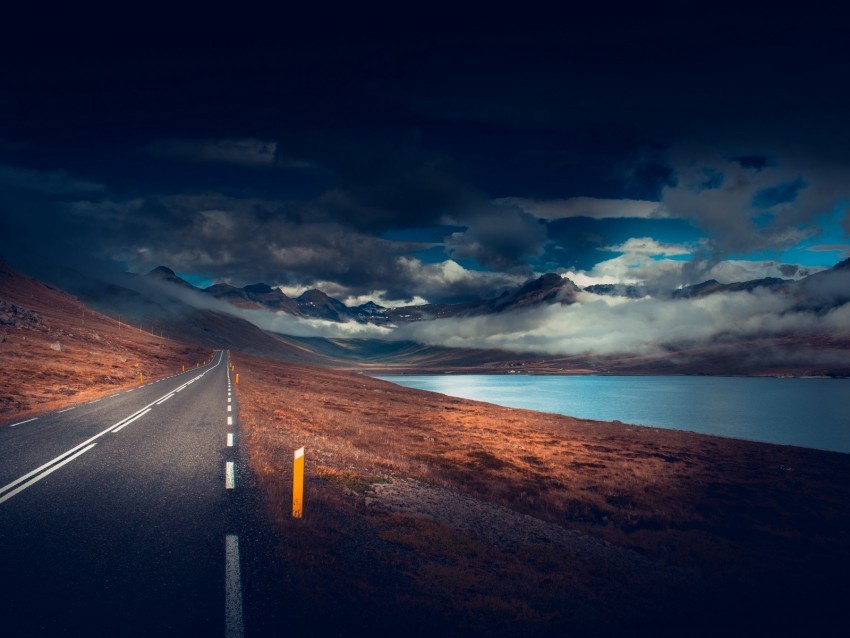 mountains road asphalt marking lake dark clouds Transparent PNG graphics complete archive 4k wallpaper