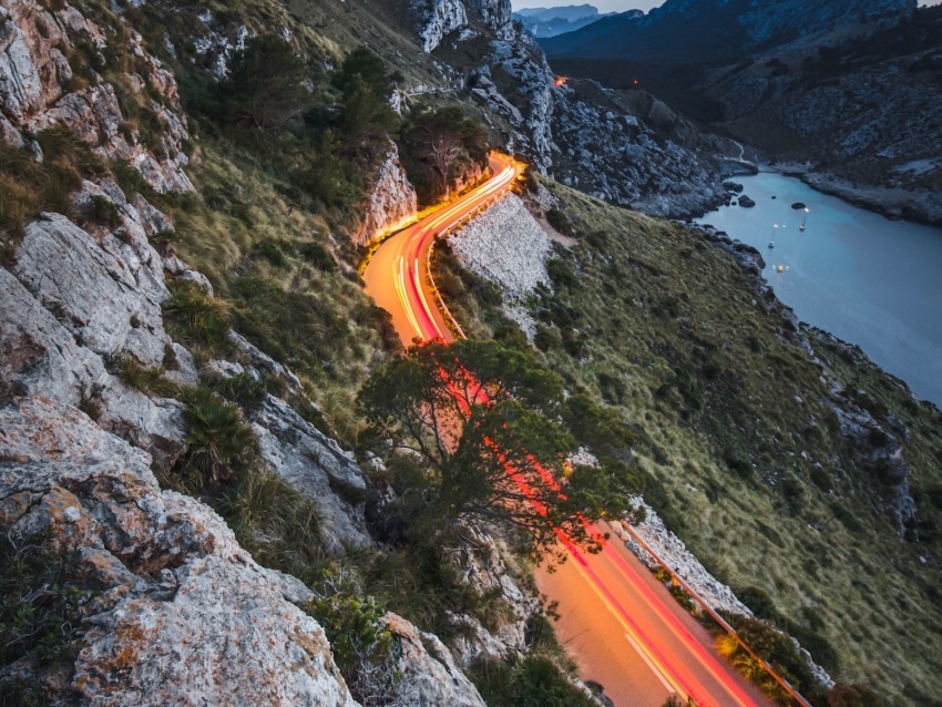 mountains road lights movement long exposure landscape PNG Image with Isolated Element