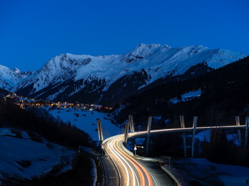 mountains road long exposure night snow PNG Image with Transparent Isolation