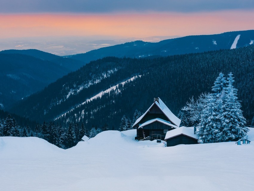 mountains snow house winter hut alps Clear PNG 4k wallpaper