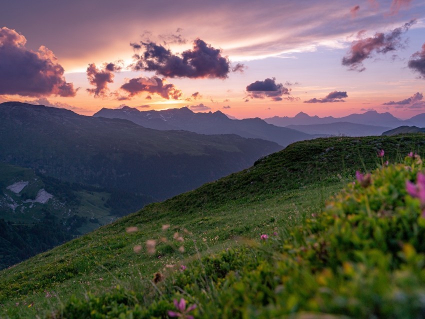 mountains sunset landscape slopes grass flowers PNG Graphic with Clear Background Isolation