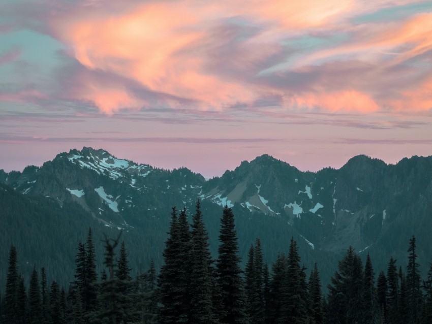 mountains trees peaks clouds sky Transparent Background Isolated PNG Figure