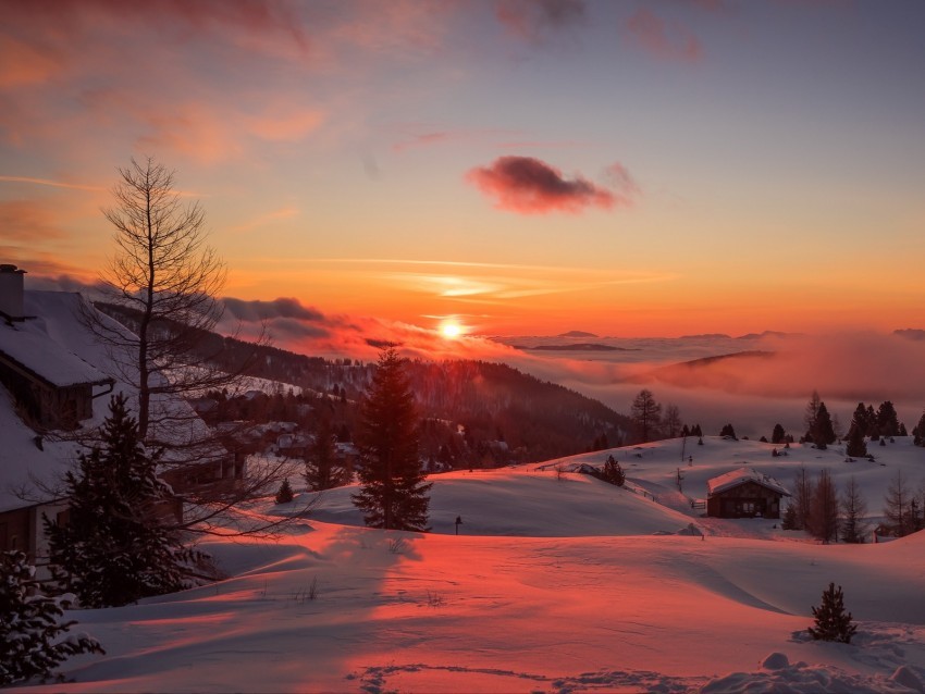 mountains winter sunset trees austria Clean Background PNG Isolated Art