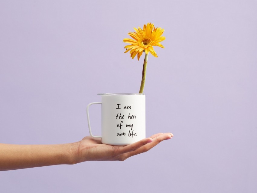 mug inscription self-affirmation motivation flower hand PNG with transparent overlay 4k wallpaper