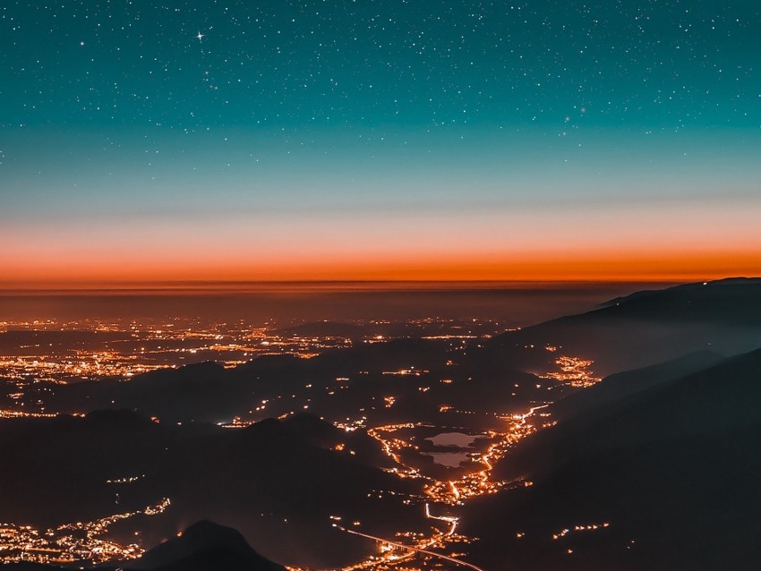 night city aerial view mountains lights starry sky Isolated Icon in HighQuality Transparent PNG