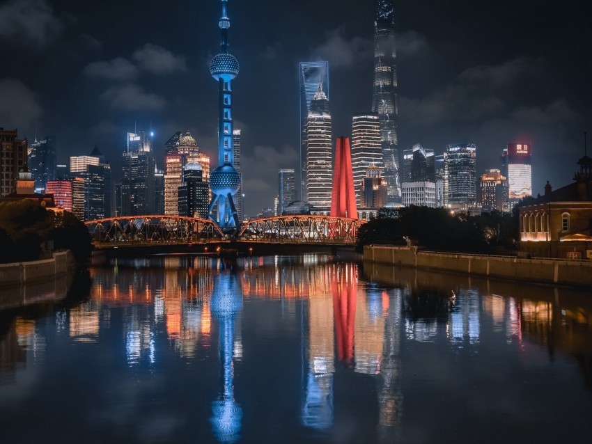 night city buildings river lights reflection Clear Background Isolated PNG Object