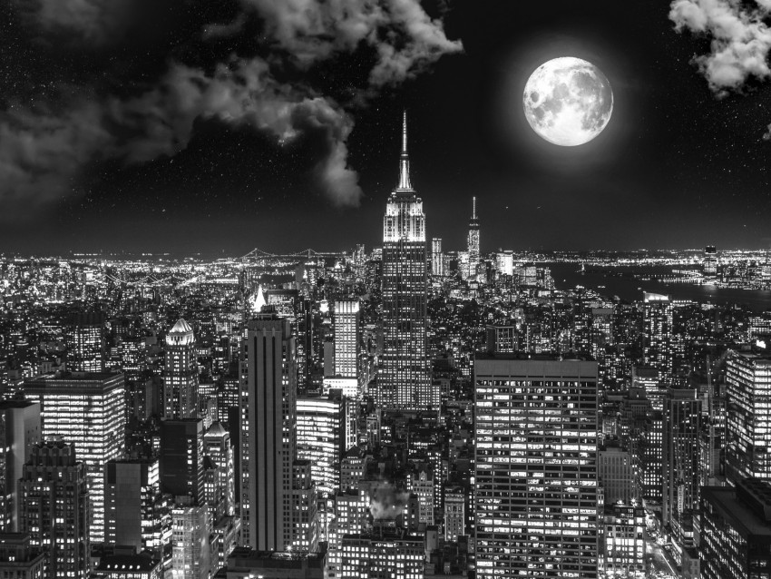 night city bw full moon new york usa Isolated Item with Transparent Background PNG 4k wallpaper