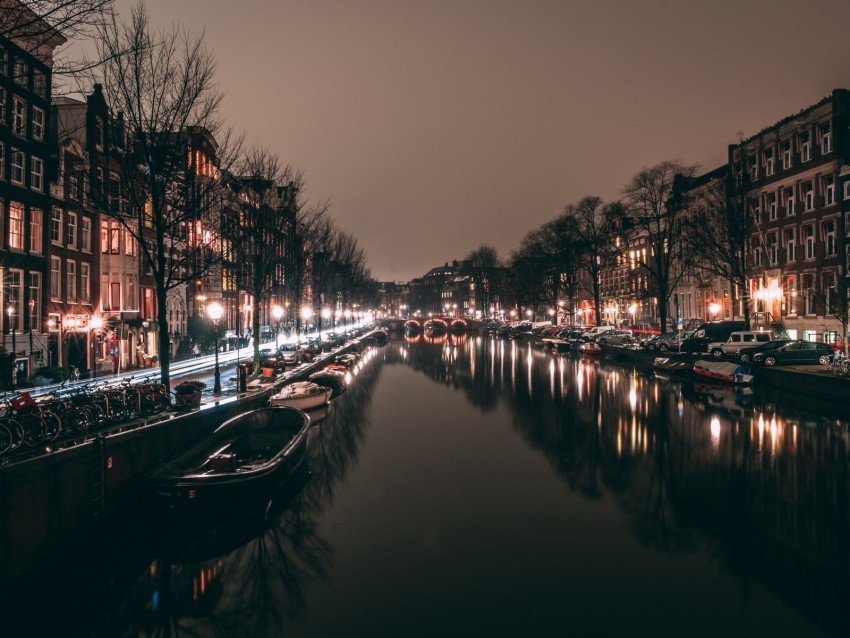 night city canal city lights amsterdam netherlands Transparent Background PNG Isolated Character