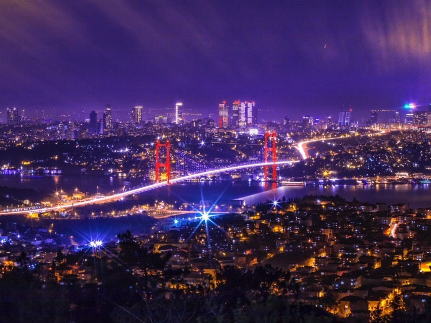 night city city lights bridge aerial view turkey Clear Background Isolated PNG Object