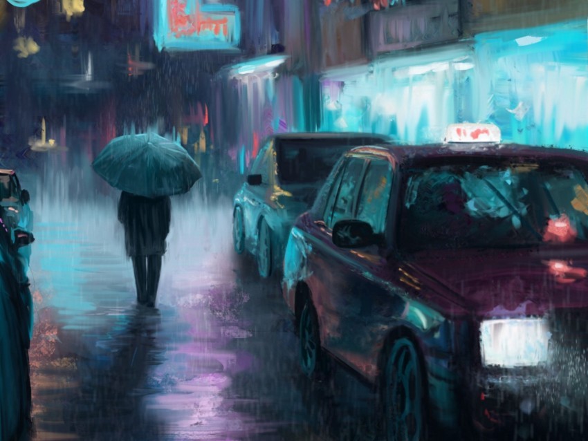 night city rain art painting silhouette street cars Transparent PNG Isolated Item with Detail