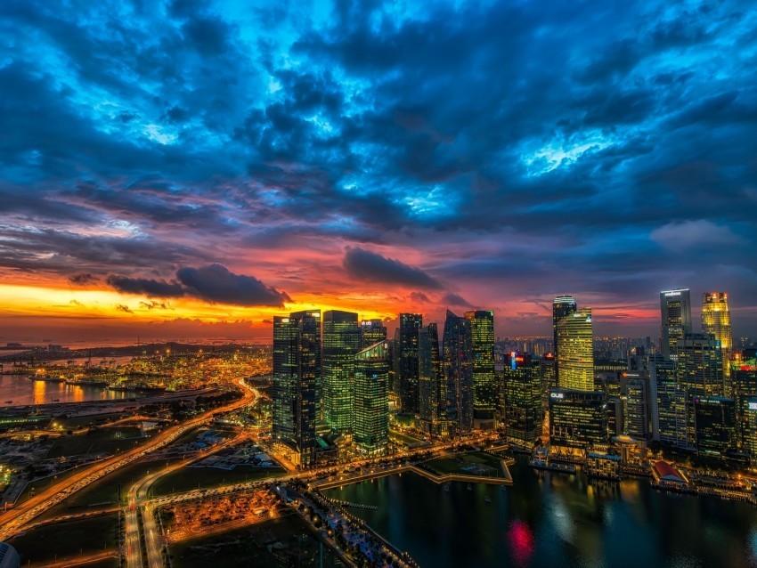 night city skyscrapers metropolis sunset clouds PNG Graphic with Transparent Background Isolation