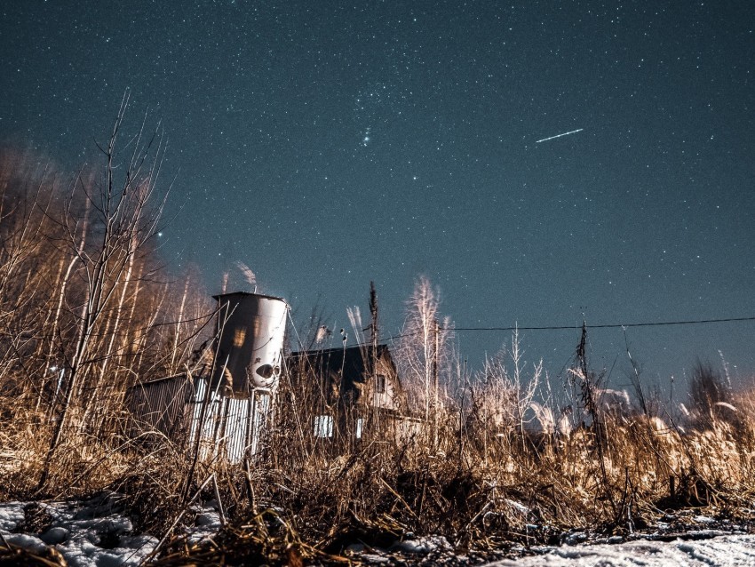 night starry sky bushes buildings abandoned countryside PNG for use