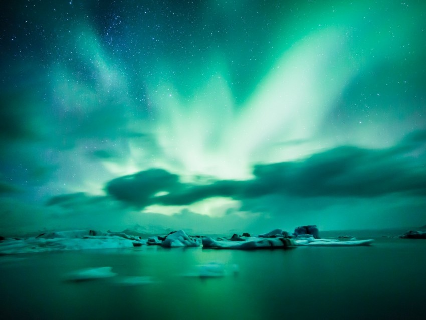 northern lights aurora lake ice horizon iceland Isolated Item in HighQuality Transparent PNG