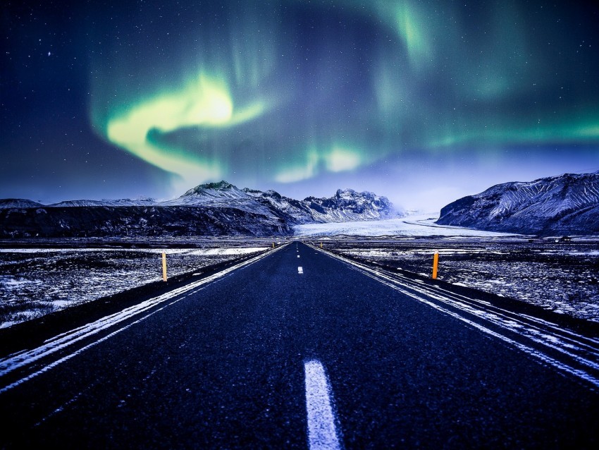 northern lights aurora road marking mountains snow ClearCut Background PNG Isolated Subject