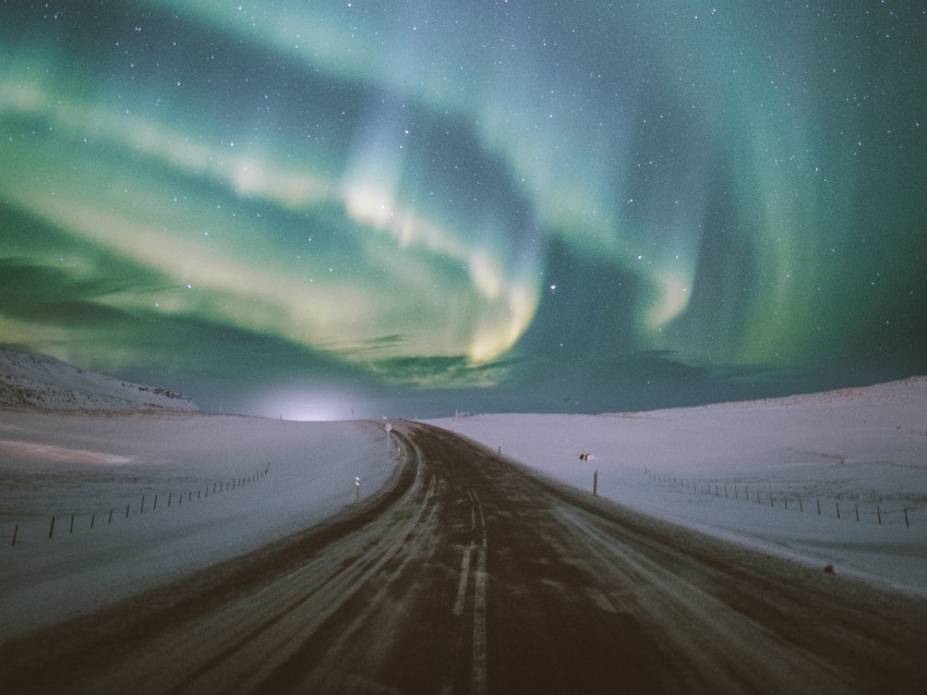 northern lights aurora road snow starry sky Transparent PNG images for design