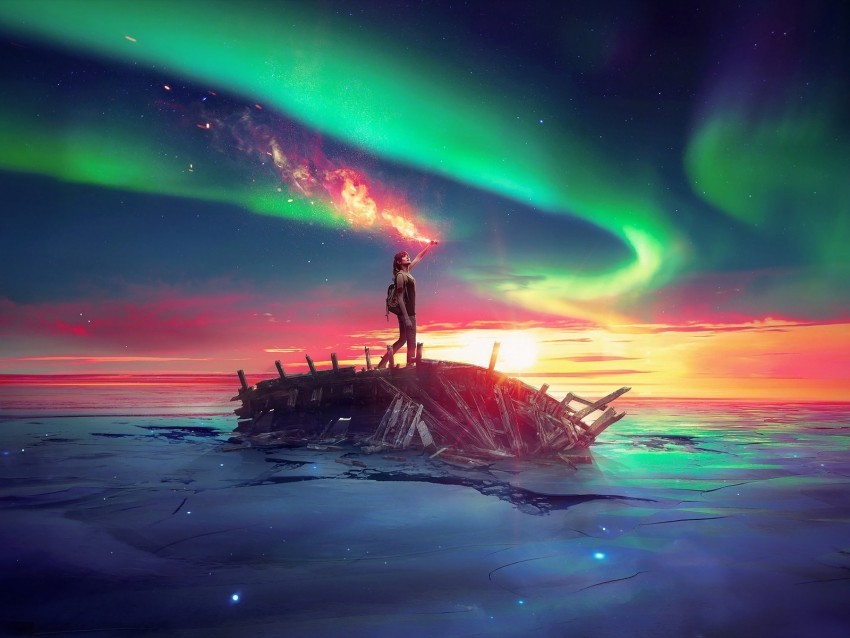 northern lights photoshop girl ruins lake PNG with Isolated Object