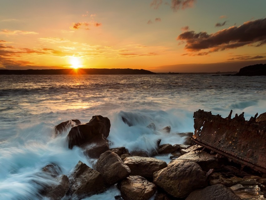 ocean surf waves stones sunset PNG images alpha transparency