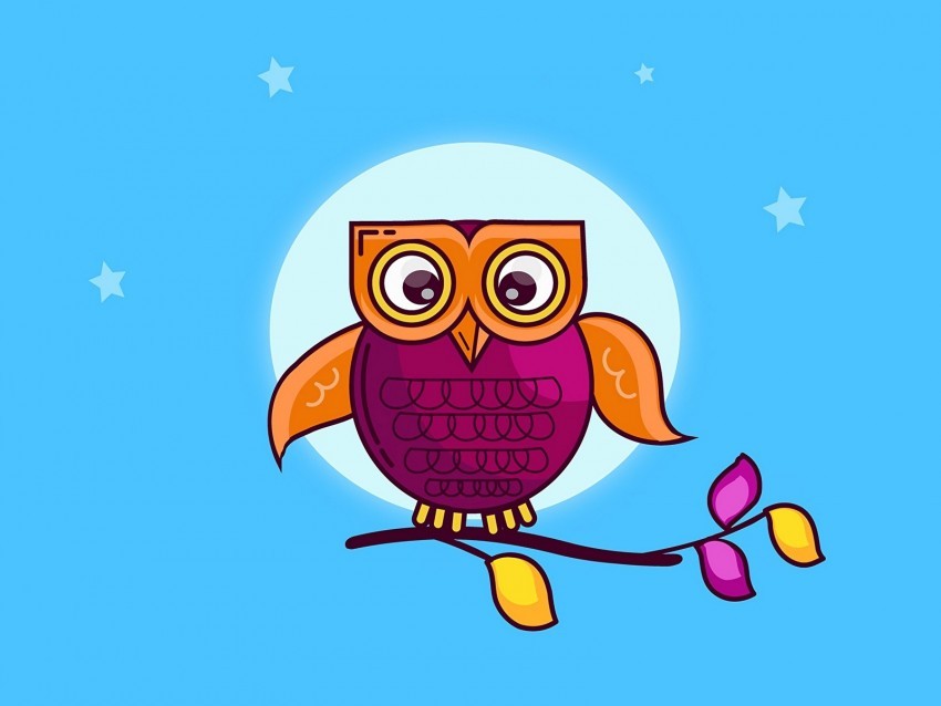 owl branch moon stars bird art PNG transparent graphic