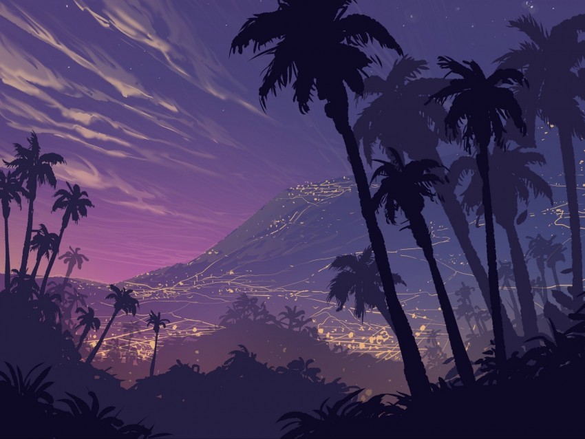 palm trees art night mountains landscape shadows PNG design 4k wallpaper