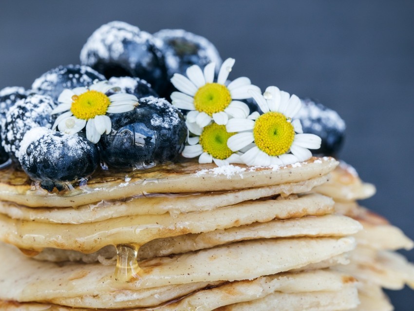 pancakes blueberries dessert honey chamomile powdered sugar PNG images with transparent canvas variety 4k wallpaper