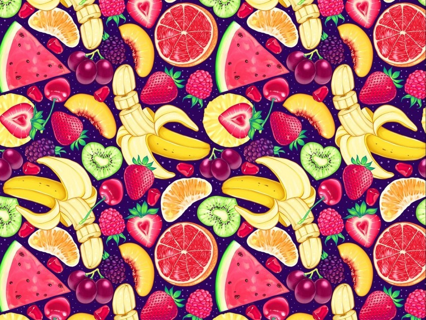 pattern bright delicious banana strawberry orange kiwi watermelon grapes cherry raspberry blackberry mango Clear background PNG images diverse assortment