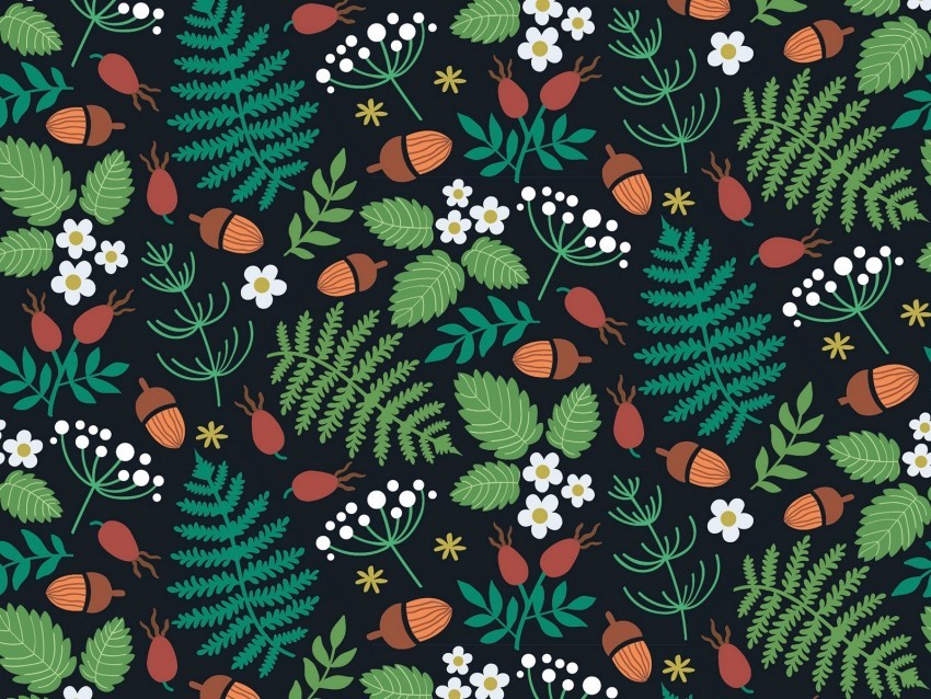 pattern forest motif leaves berries acorns strawberries PNG images with transparent elements