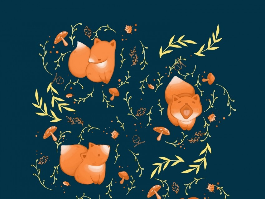 pattern fox leaves branches mushrooms acorns PNG images with no royalties