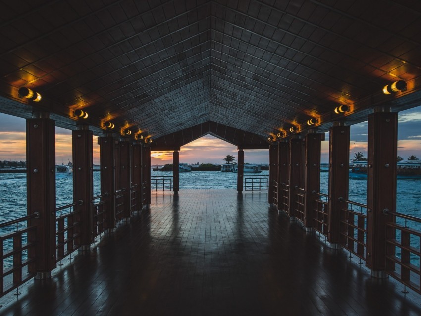 pier boardwalk ocean palm trees evening PNG pictures without background