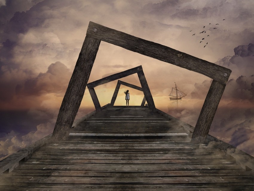 pier girl surrealism frameworks wooden clouds ship PNG for design
