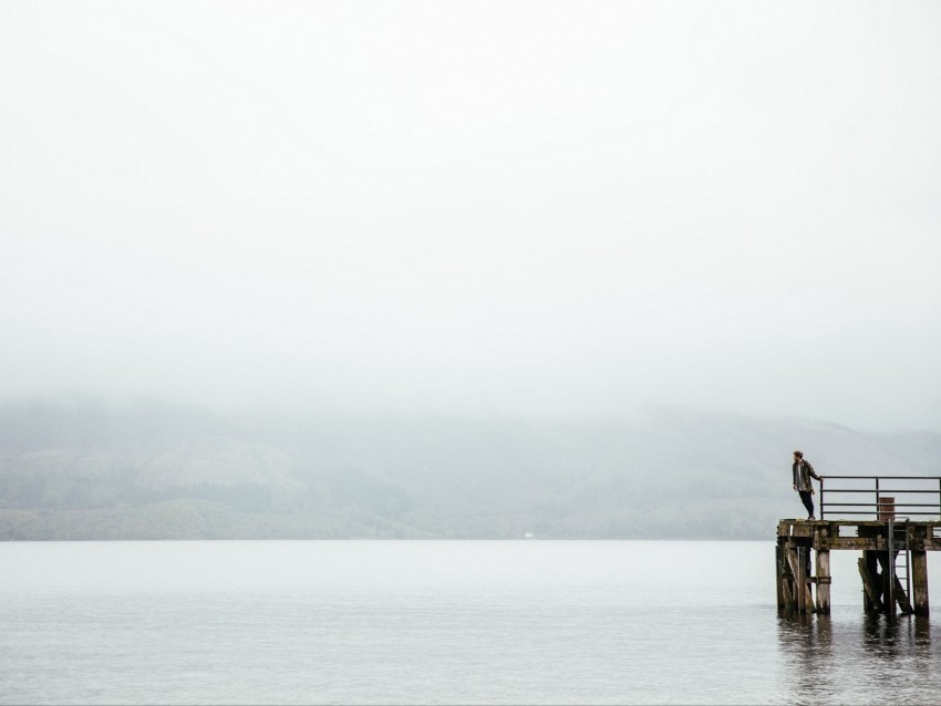 pier man loneliness melancholia lake fog water PNG picture 4k wallpaper