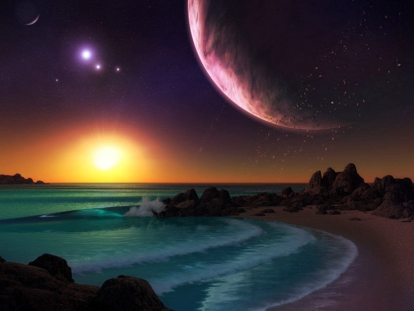 planet sea surf sunset art rocks Transparent PNG Object Isolation