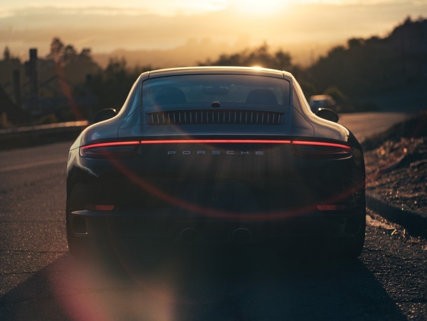 porsche sports car rear view black sunlight movement Isolated Design Element in PNG Format