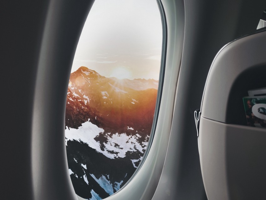 porthole airplane window overview mountains travel flight Isolated Character in Clear Transparent PNG