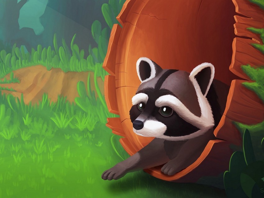raccoon art tree grass Isolated Character in Transparent PNG Format